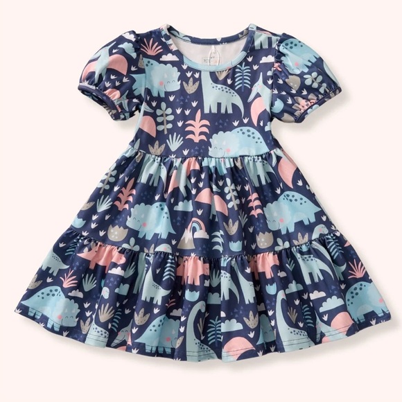 Kids Dinosaur Print Dress - Blue and Pink - Picture 1 of 3